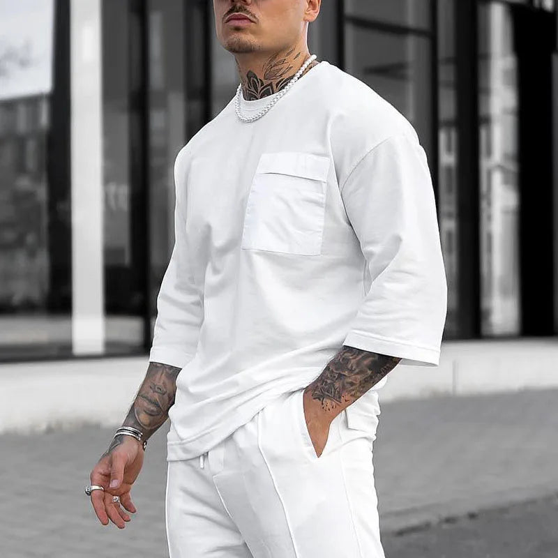2024 Summer New Sports Set Men's Street Trend Casual Short Sleeved Long Pants Casual Two Piece Set