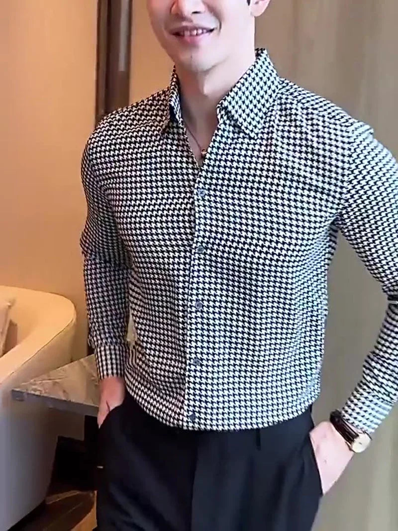 Thousand Birds Check Shirts for Men New British Style Long Sleeved V-neck Fashion Casual Slim Fit Print Dress Shirt Men Clothing