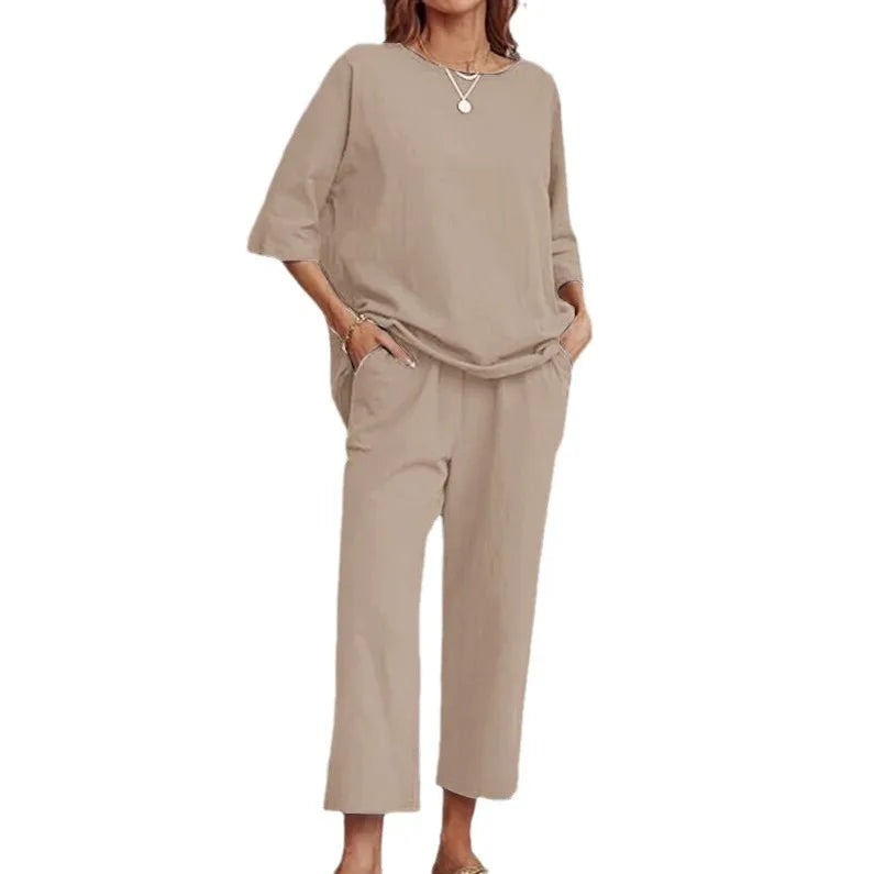 S-4XL Summer Plus Size Women Cotton Loose Elegant Short Sleeve Trousers Two-piece Set Solid Color Breathable Women Casual Suits