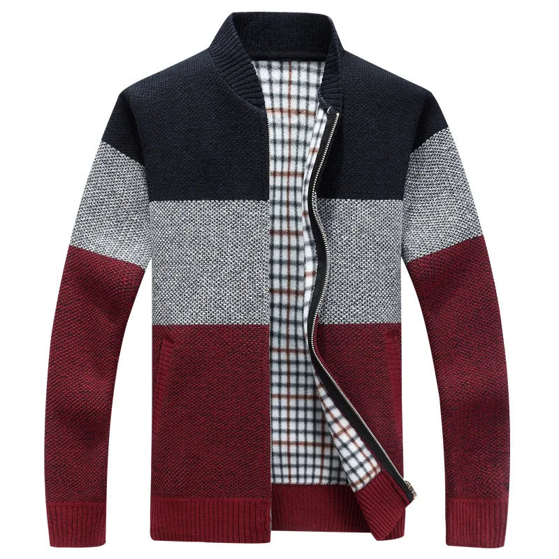 Winter Fashion Patchwork Men's Knitted Jackets Thick Comfy Long Sleeve Sweater Coat Warm Stand Collar Fall Tide Casual Cardigan