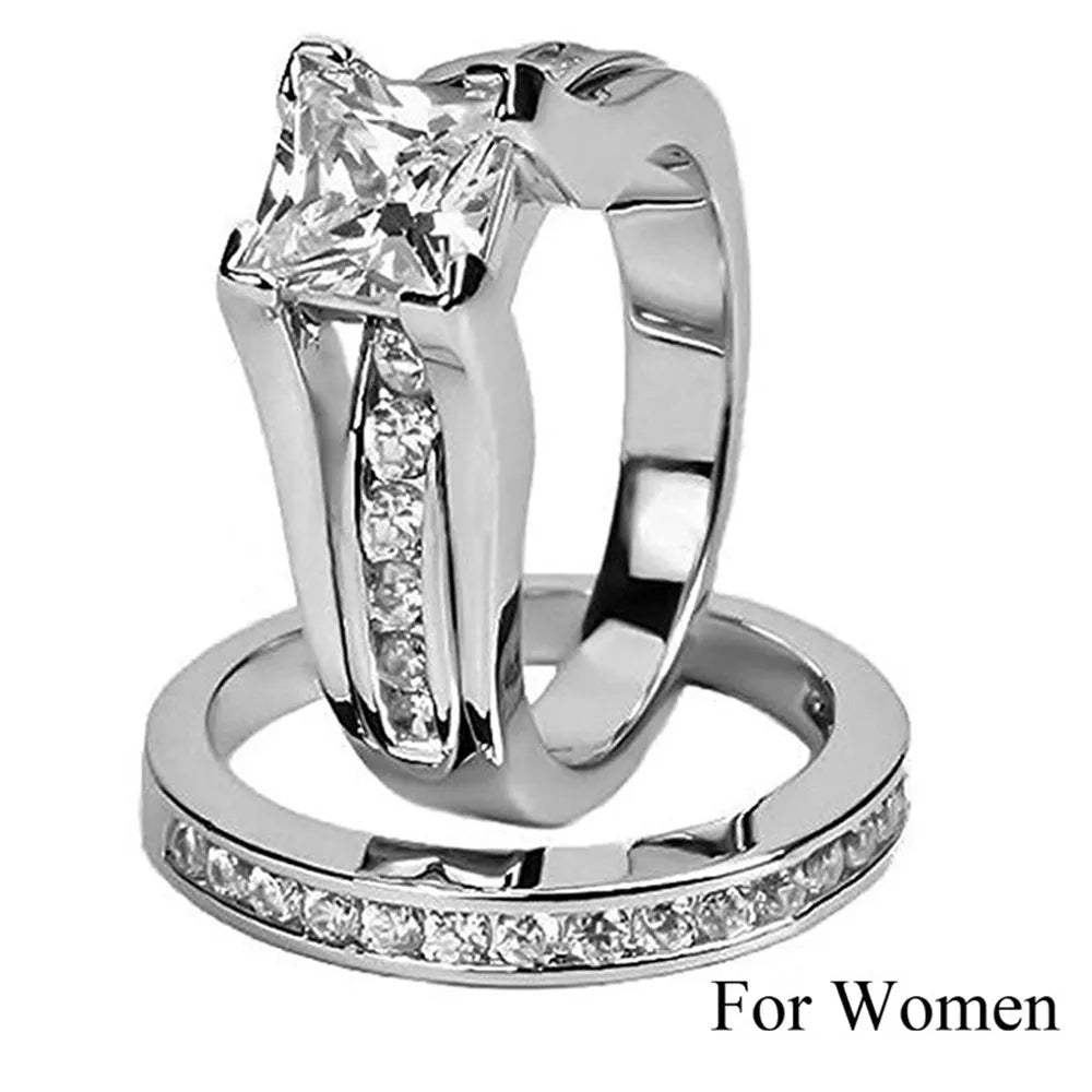 Fashion Jewelry Cubic Zirconia Silver Color Stainless Steel Couple Ring Engagement Valentine's Day Gift
