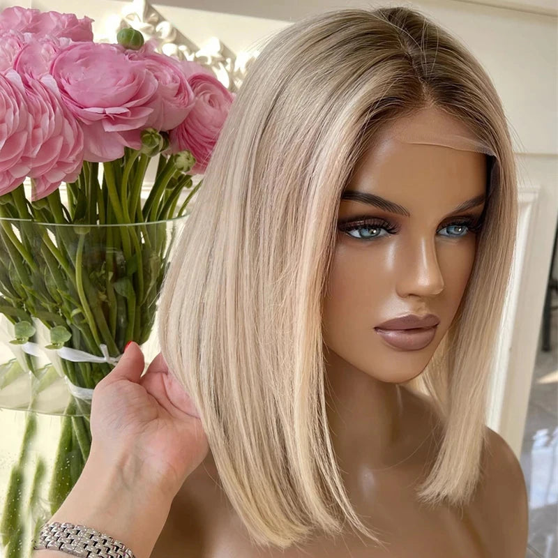 Ombre Blonde Lace Front Human Hair Wigs 100%Brazilian Virgin Hair Glueless Short Bob Wigs for Woman