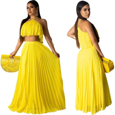 Summer Two Piece Long Dress Women Elegant 2 Piece Set Crop Top and Skirt Set Sexy Sleeveless Beach Party Outfit