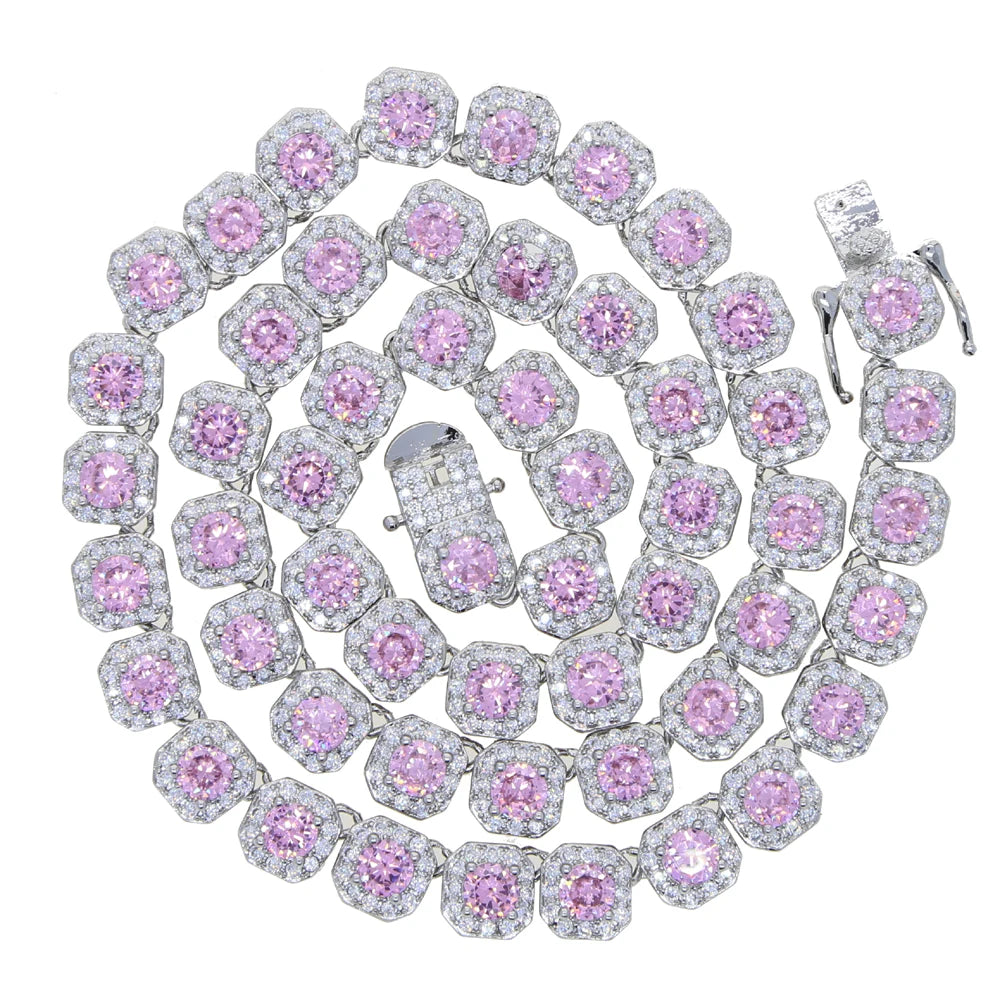 Iced Out Bling pink Diamond Hip Hop Women Charm Jewelry Geometric square Cubic Zirconia Cz Cluster Tennis Necklace