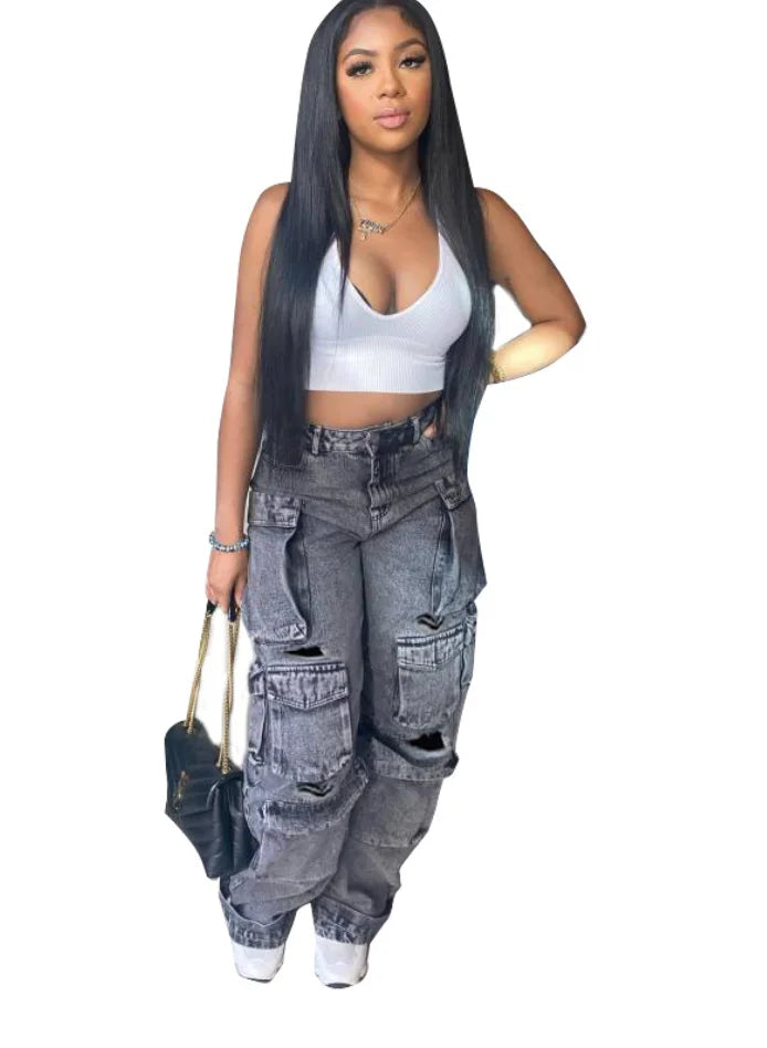 Liu Ming Spring Summer New 2023 Women Fashion Multi Pockets Cargo Pants Loose Fitting Straight Leg Jeans