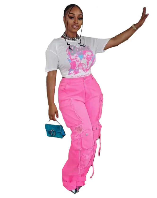 Liu Ming Spring Summer New 2023 Women Fashion Multi Pockets Cargo Pants Loose Fitting Straight Leg Jeans