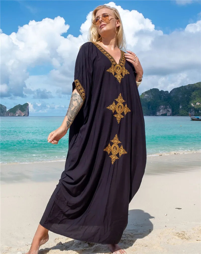JSN Hot Selling  Factory Gold Thread Embroidered Beach Smock Sexy Loose Holiday Skirt Bikini Smock