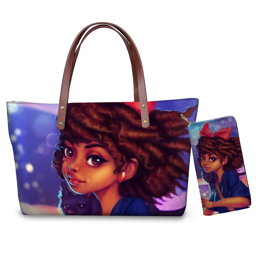 High Quality Latest Custom Pattern Women Hand Bags Black Art African Girls Printed Top Handle Tote Bag Luxury Purse for Ladies