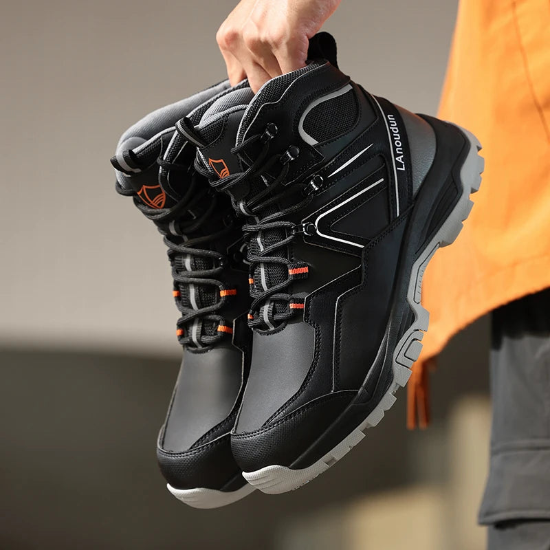 Lanoudun Building Site Safety Shoes For Men Black Steel Toe Puncture Resistant EN Steel Toe Cap Microfiber