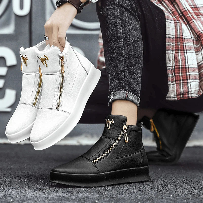Men's High-top Boots Designer Zip Leather Sneakers White Platform Casual Shoes