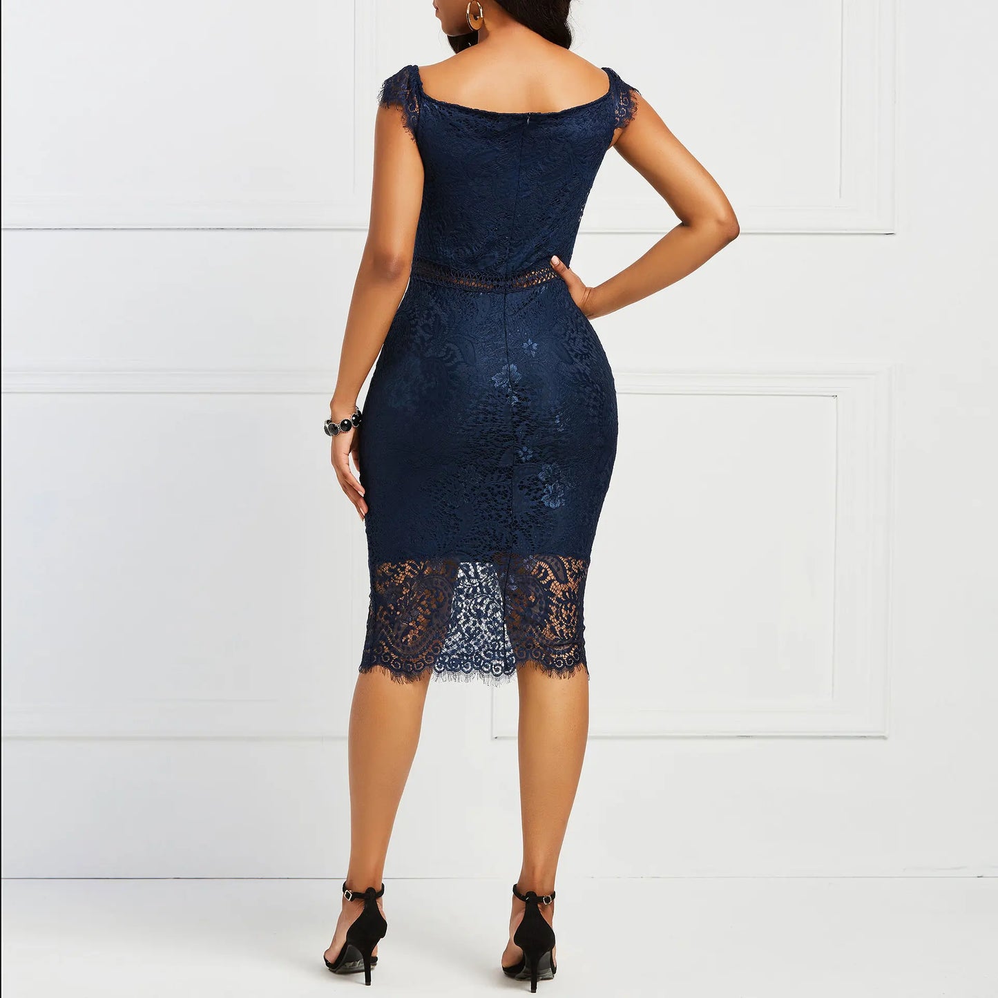 New Fashion Women Sleeveless Off Shoulder Back Zipper Lace Girls Solid Slim Pencil Casual Party Evening Dress