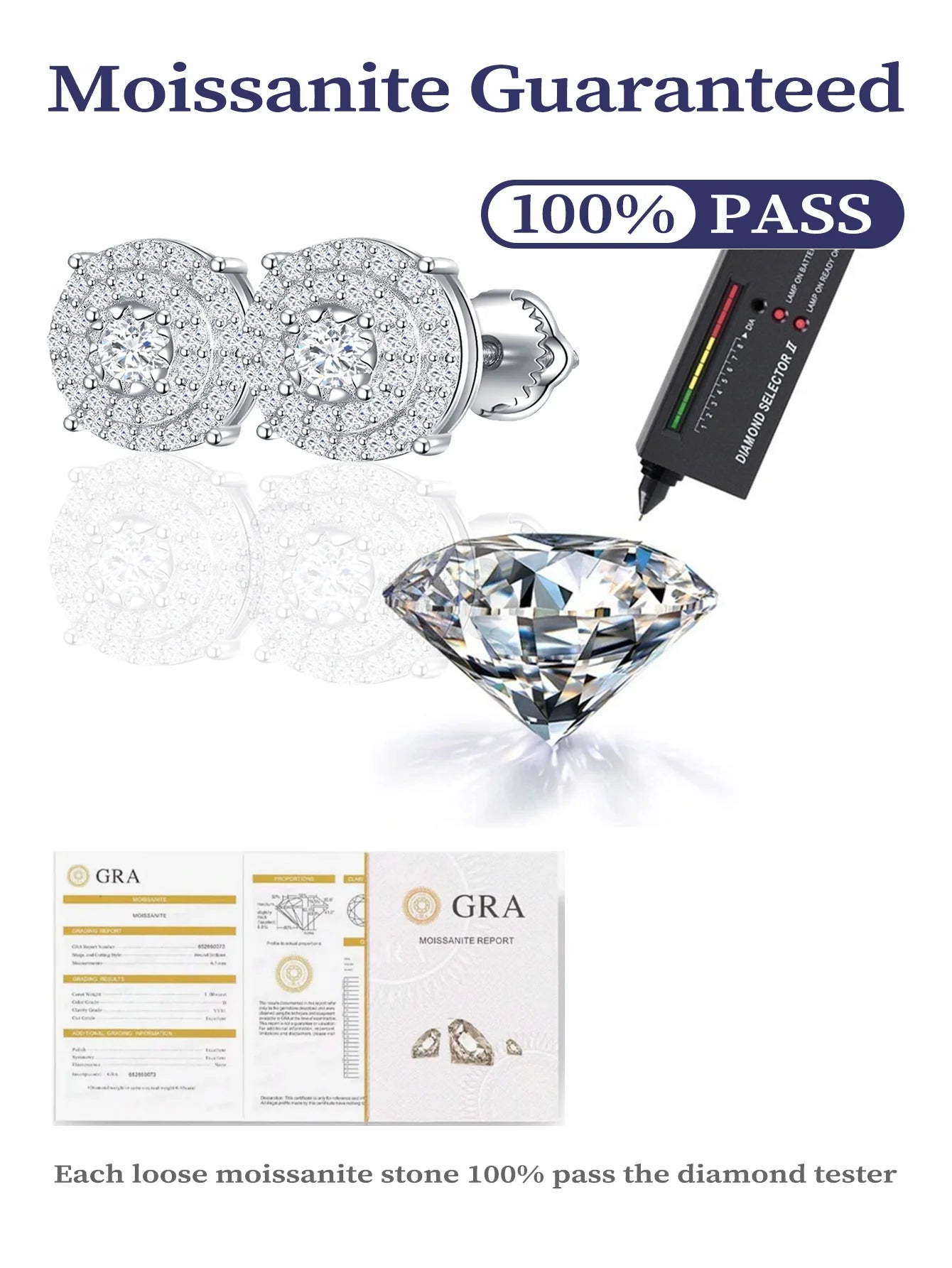 Hip Hop Fine Jewelry Earrings Rhodium Plated 925 Sterling Silver VVS Moissanite Stud Earring for Women Men