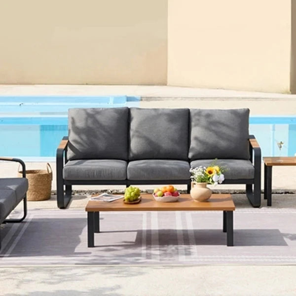 Outdoor 3 Seater Sofa Tall Back 62cm Oversized Seat Black Metal Frame Wood Armrests PET Fabric Cushions 330 LBS Patio Furniture