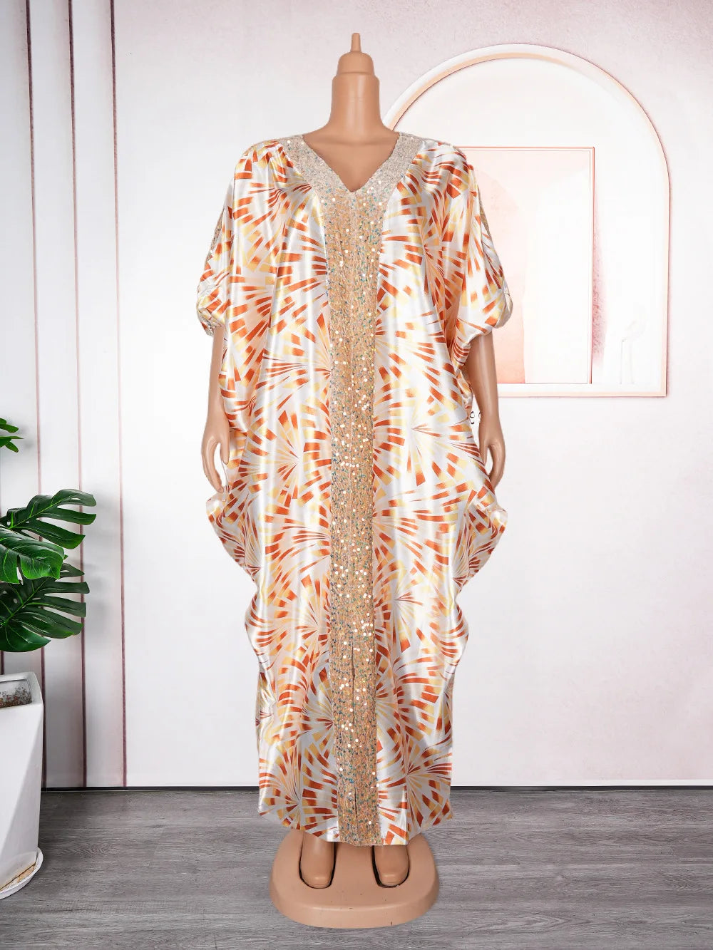 New Fashion Women Africa Summer Spring Short Sleeve Robe Printing Patchwork Sequin V-neck Long Dress Muslim Casual Dresses