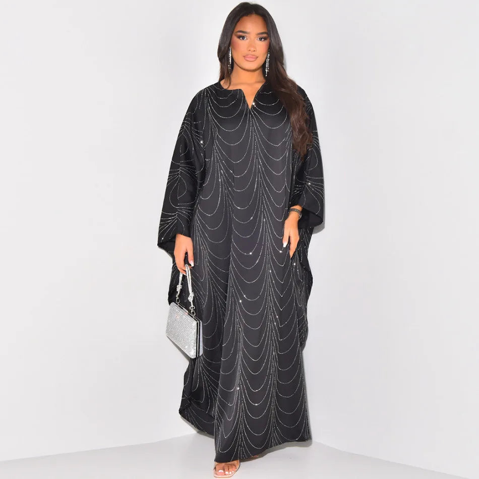 Elegant Maxi Dress Turkish Caftan Wholesale Abaya Hot Diamond Kaftan Batwing Sleeves Women Muslim Dress Dubai Islamic Clothing