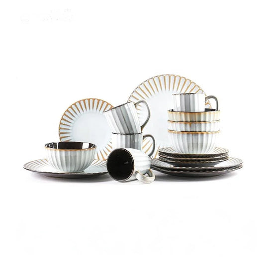 September Promotion Golden Beige Stone Tools Embossed Tableware Sets High End Premium Ceramic Sets and Safety Tableware Sets