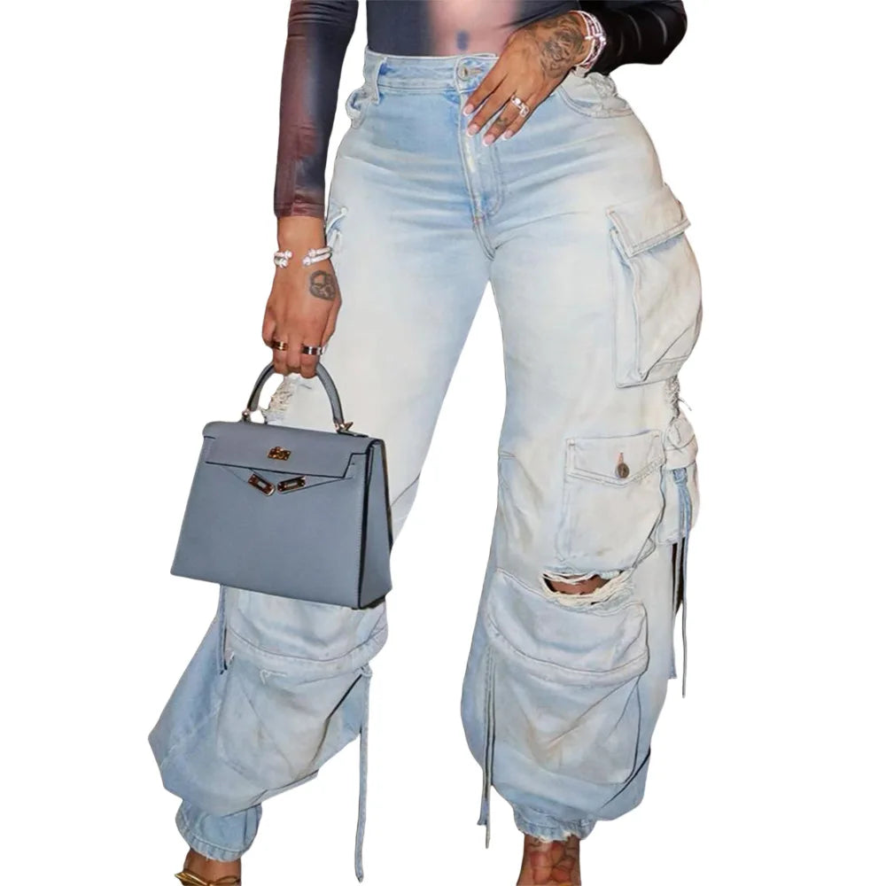 Liu Ming Spring Summer New 2023 Women Fashion Multi Pockets Cargo Pants Loose Fitting Straight Leg Jeans