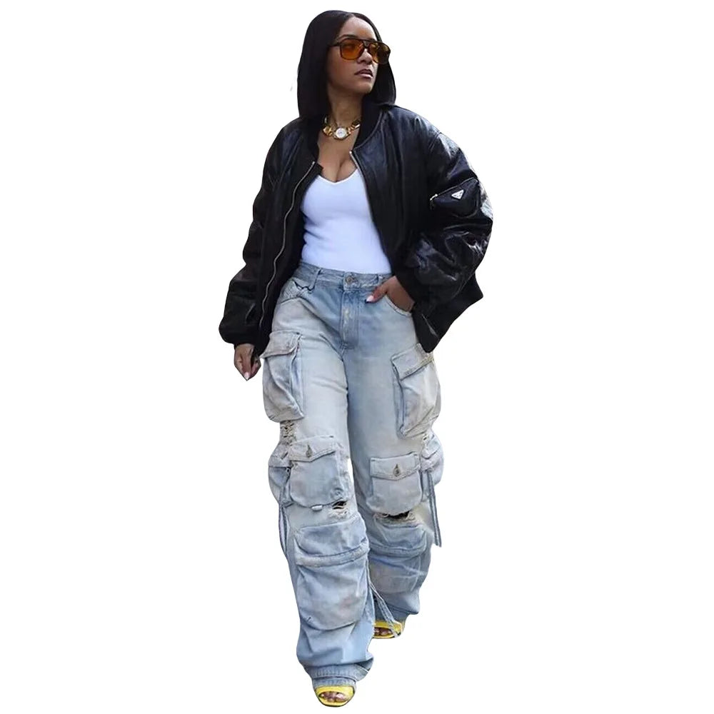 F88483 High Waist Chic Ripped Hole Baggy Jeans Y2K Denim Boyfriend Street Style Wide Leg Straight Cargo Jeans