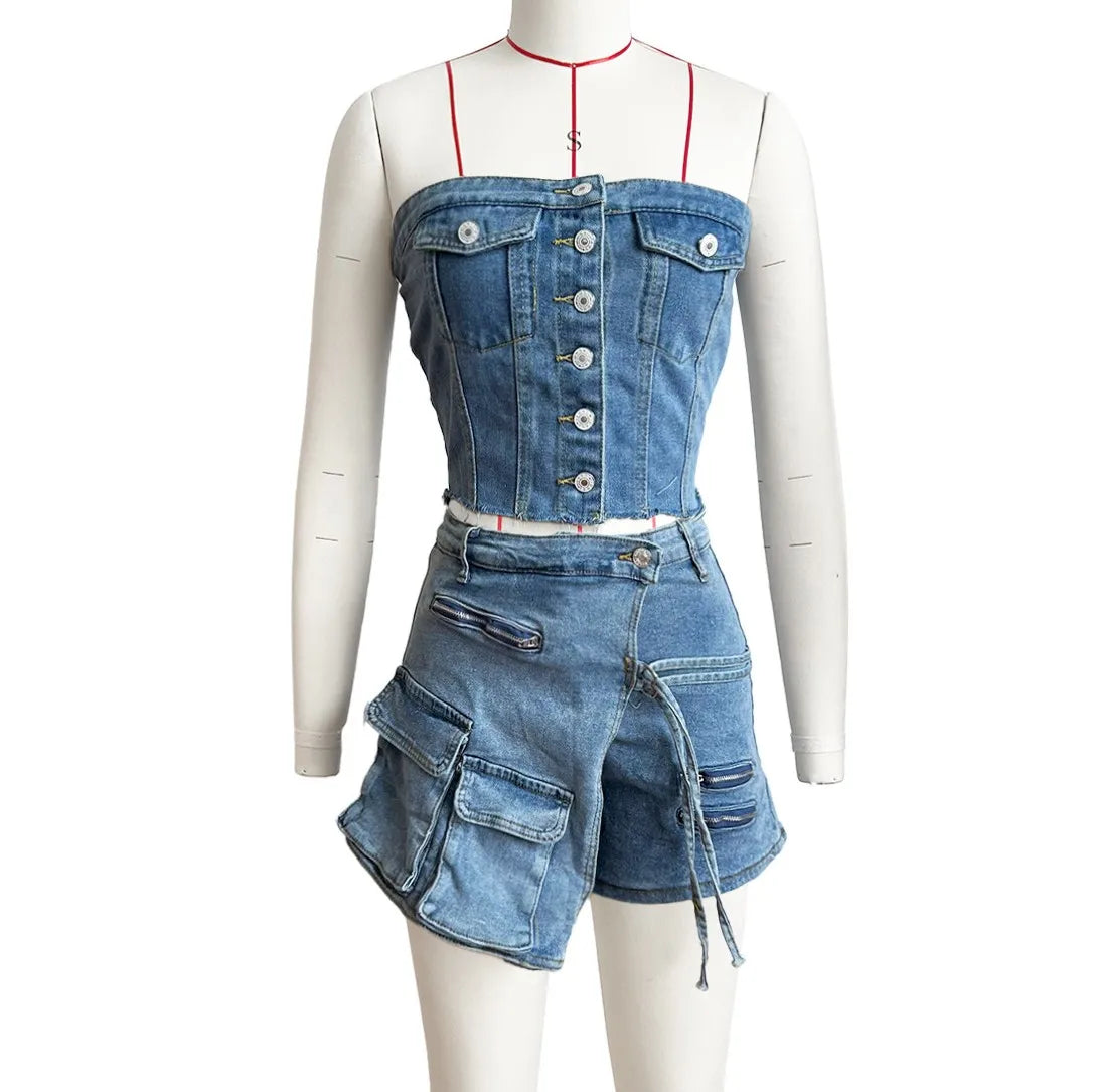 Classic Strapless Button up Backless Asymmetric Denim 2 Piece Women Short Sets Fashion