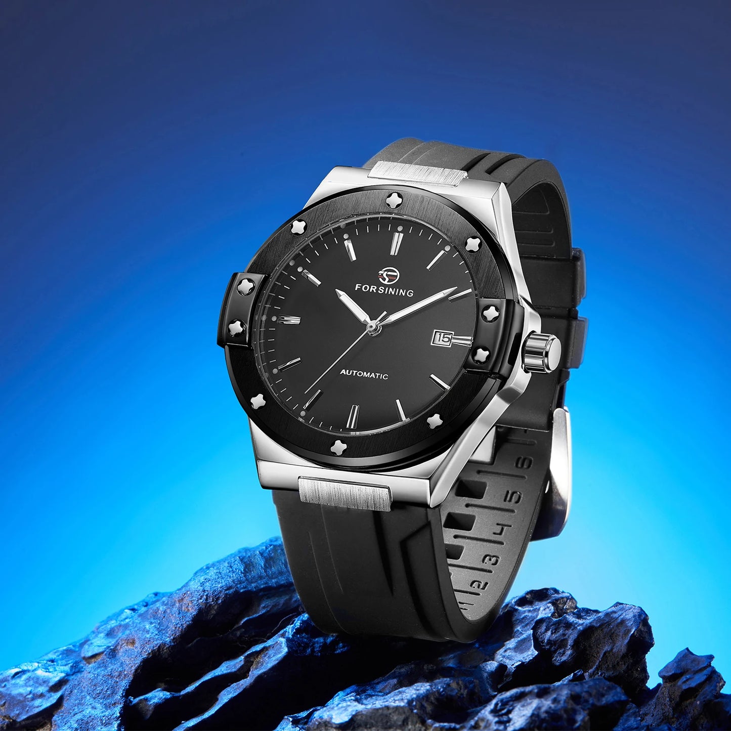 For FORSINING Luxury Automatic Men's Mechanical Watch Waterproof Luminous Calendar with Silicone Band Hollow Out Business Design