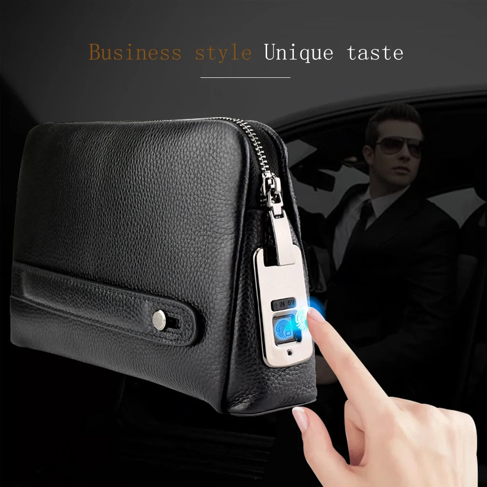 Fingerprint Lock Men Cowhide Leather Handbags Anti-theft Cash Long Men's Business Clutch Fingerprint Bags
