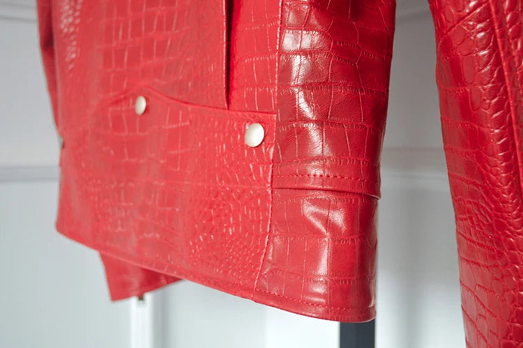 Mauroicardi Spring Red Crocodile Pattern Faux Leather Biker Jacket Long Sleeve Zipper Plus Size Designer Men Clothing 4xl 5xl