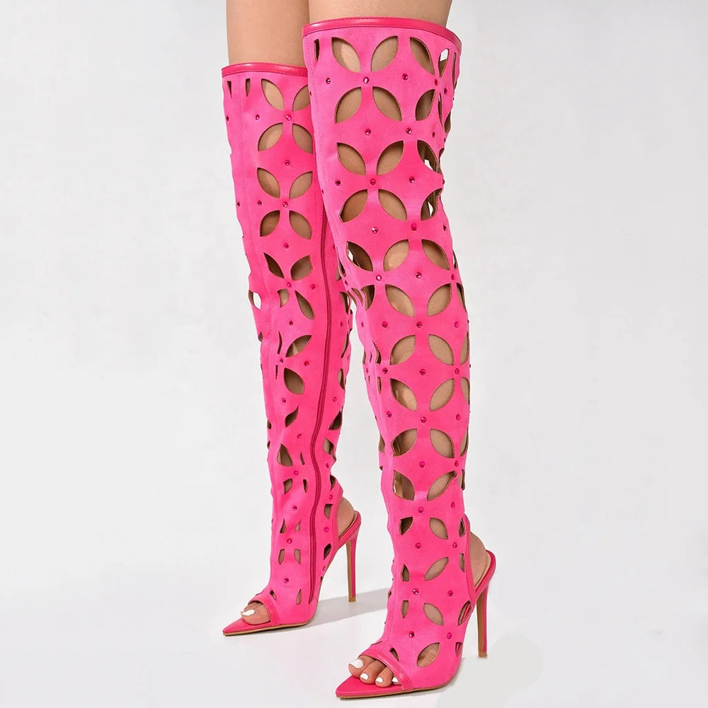 Women Wholesale Suede Cut Out Over Knee High Boots Peep Toe Stiletto Heels Diamonds Shoes Side Zipper Summer Long Booties