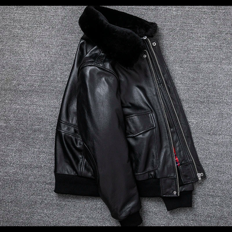 Air Force Flight Jacket Fur Collar Genuine Top Layer Cow Leather Jacket Men Black Brown Cow Coat Men's Winter Jacket 정품 가죽