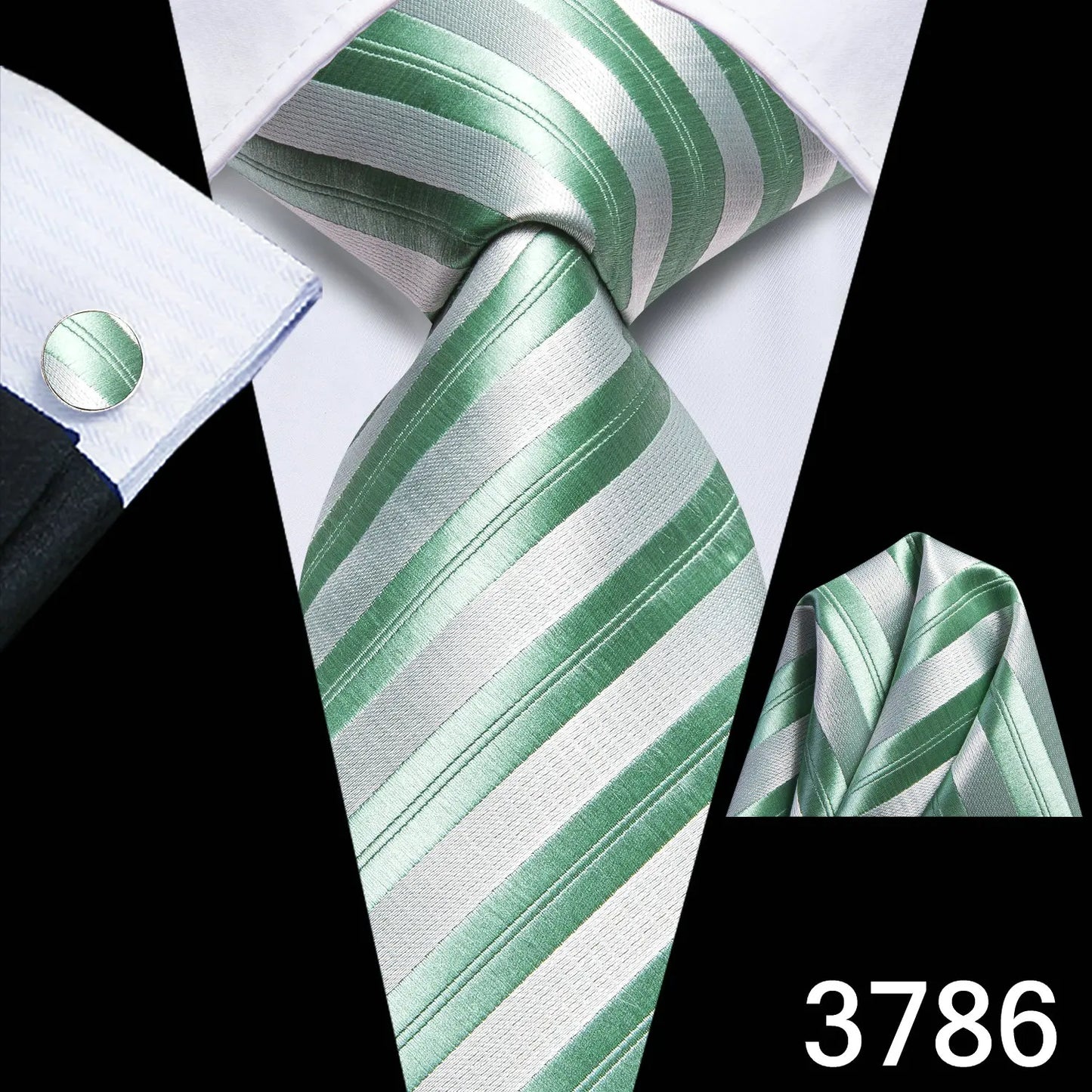 Free Shipping Men's Green Stripe Tie Classic Wedding Necktie and Pocket Square Cufflinks Set