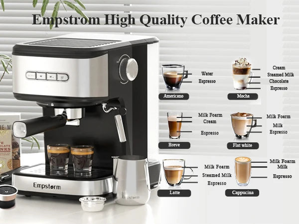 Empstorm 01E 20 Bar Semi-Automatic Espresso Machine 850W with Milk Frother Steam Wand Makes Lattes Cappuccinos for Home Use