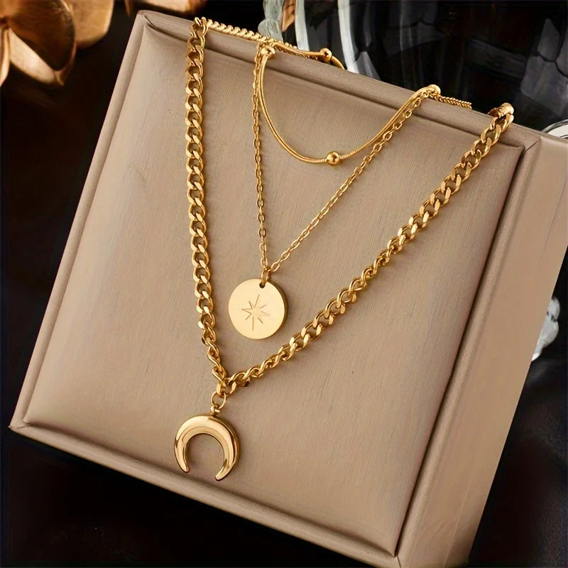Stainless Steel Golden 3 Layer Shine Crescent Moon Pendant Necklace Women Trend Chain Neck Jewelry Gift