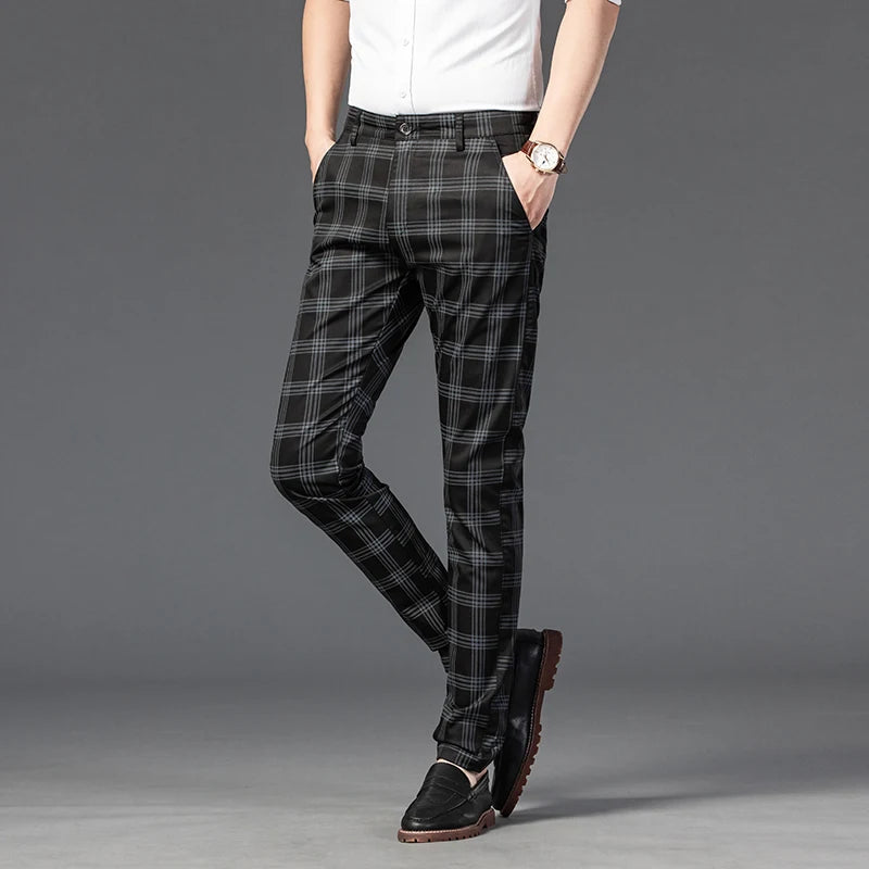 2025 Spring New Men's Plaid Casual Pants Business Fashion Slim Stretch Male Skinny Trousers Brand Clothes 7 Color