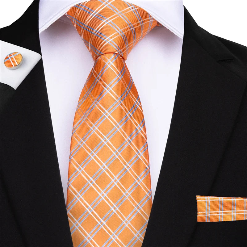 High Quality Luxury Business Fashion Men Gift Orange Plaid Checked Tie Jacquard Woven Silk Necktie Pocket Square Cufflinks Set