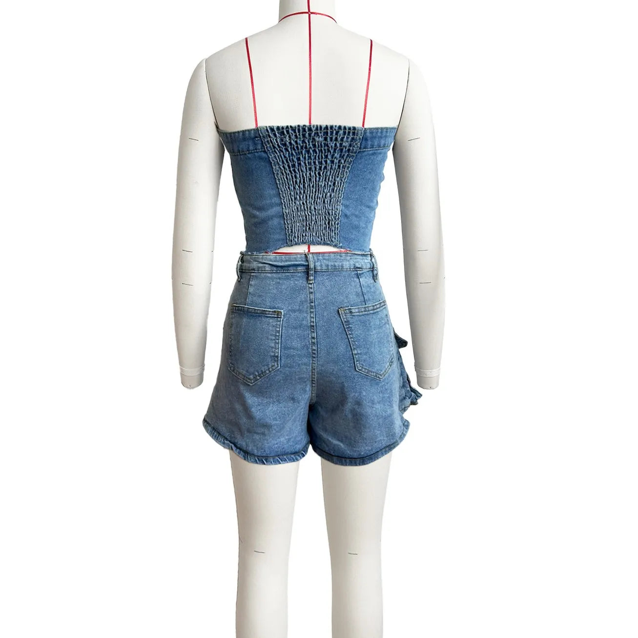 Classic Strapless Button up Backless Asymmetric Denim 2 Piece Women Short Sets Fashion