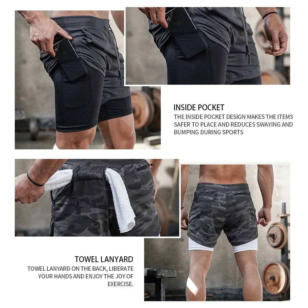 Men's 2-in-1 Camo Quick Dry Yoga and Running Shorts Compression Inner Layer Gym Fitness Jogging Pants