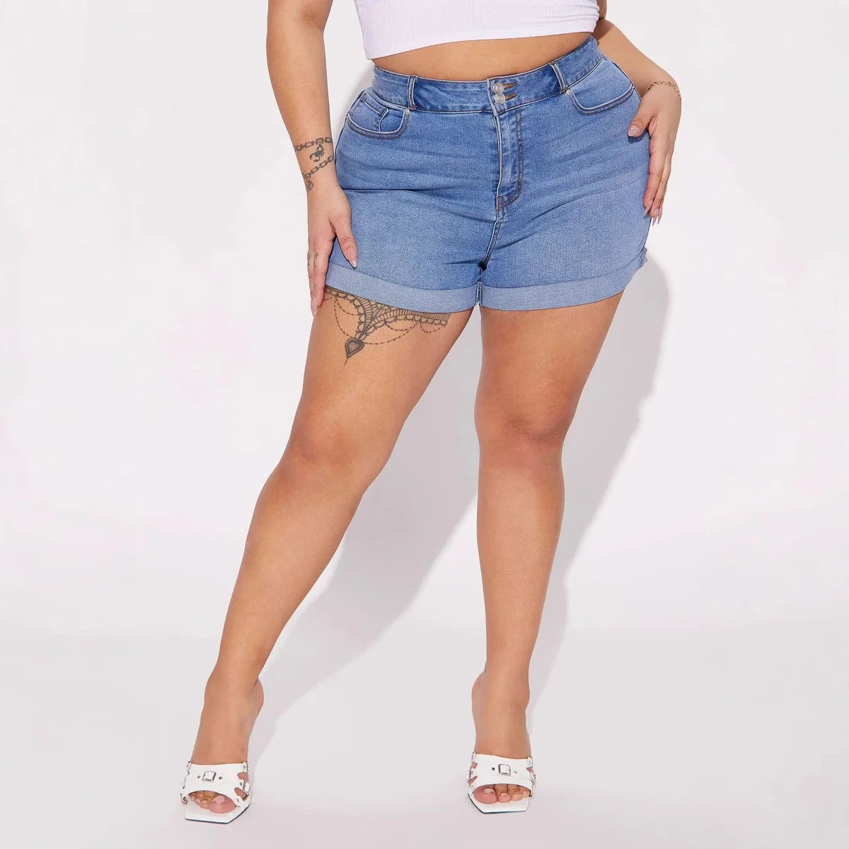 Women's Mid Blue Jeans Shorts New Plus Size Casual Solid Pattern Straight Style Elastic Waist Washed Denim for Summer