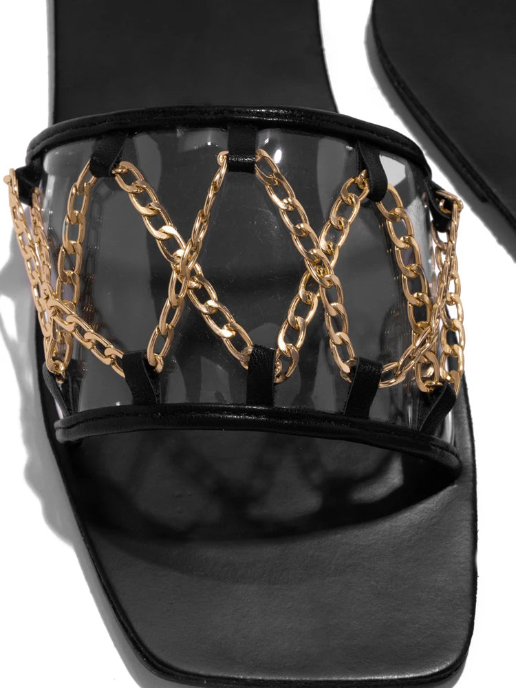 Women 2021 Summer Square Heel Metal Decoration Cross-tied Slides Ladies Flat Transparent Female Casual Outdoor Sandals Slippers