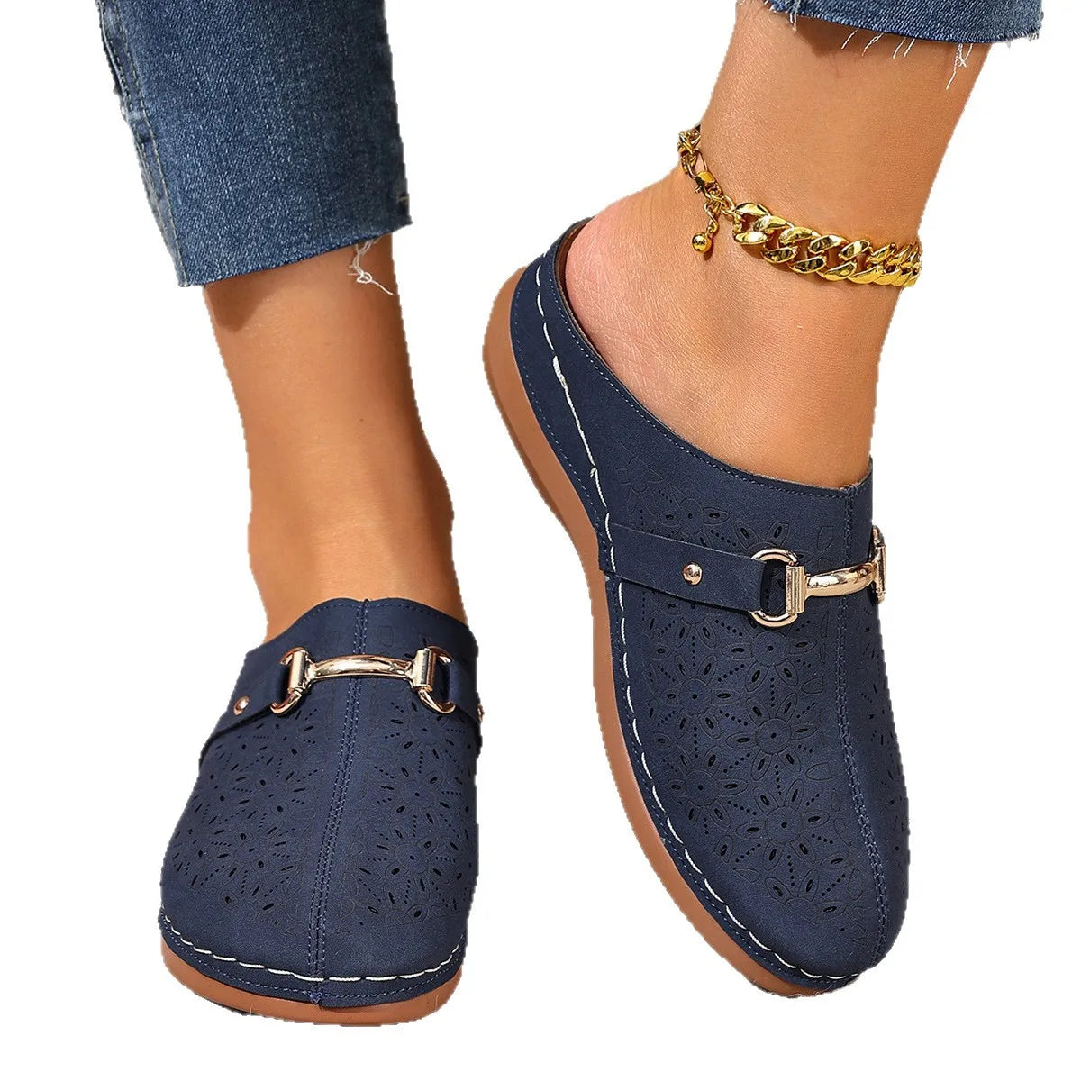 QLFashion Wedge Slippers Large Size 2025 Summer New Hollow Thick Bottom-Pedal Metal Strip Baotou Half Women231 231