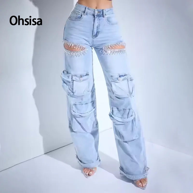 Ohsisa 2025 New Spring and Summer Jeans Fashionable Hollow Diamond Decoration Multi-pocket Stretch Cargo Jeans for Ladies