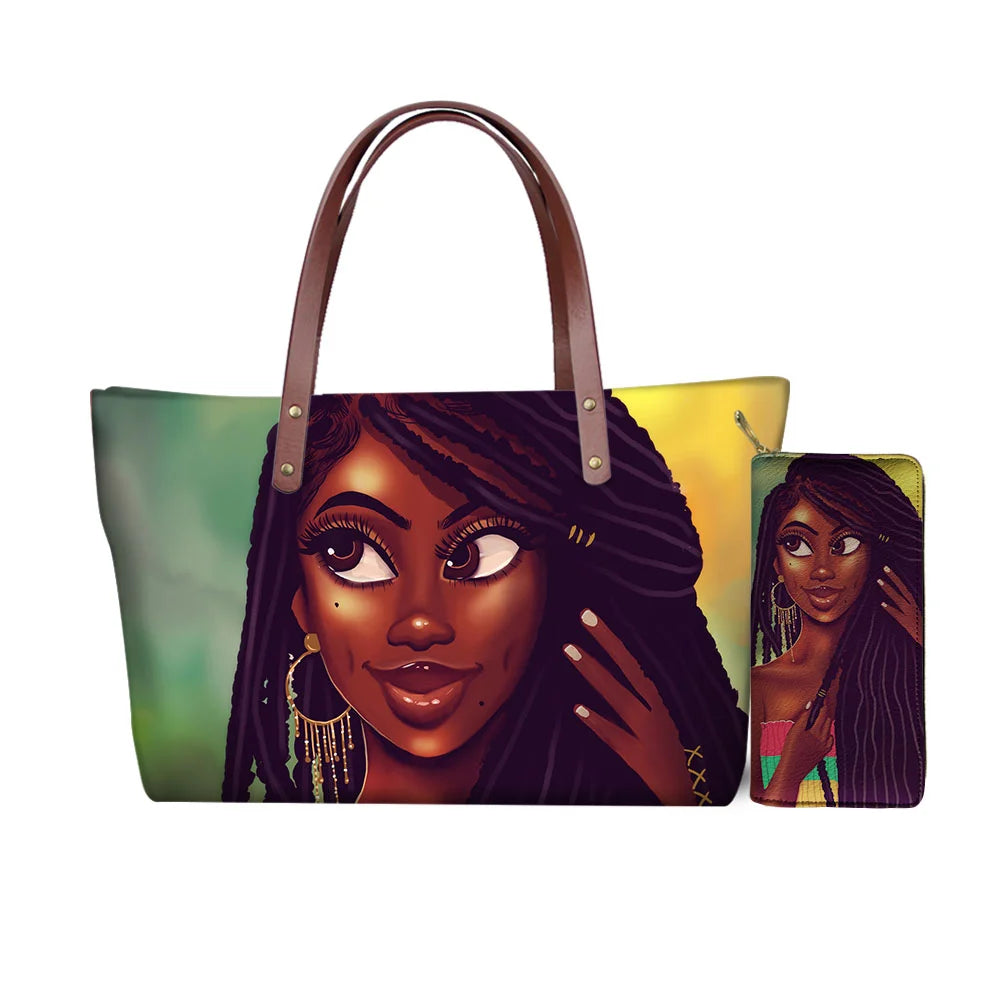 High Quality Latest Custom Pattern Women Hand Bags Black Art African Girls Printed Top Handle Tote Bag Luxury Purse for Ladies