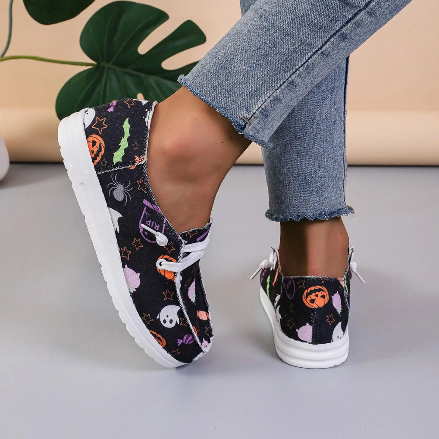 rola Halloween canvas shoes women's pumpkin print ghost pattern flat casual women's shoes
