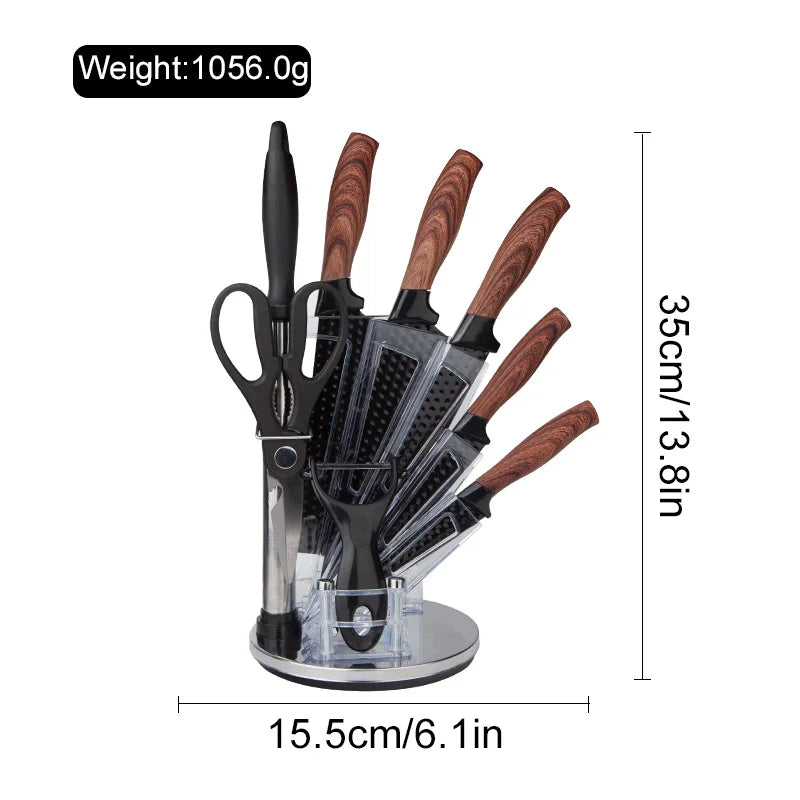 High Quality 9-Piece 3cr13 Stainless Steel Kitchen Knife Set With Wooden Handle Sharp Blade Slicing Knives for Home Restaurant
