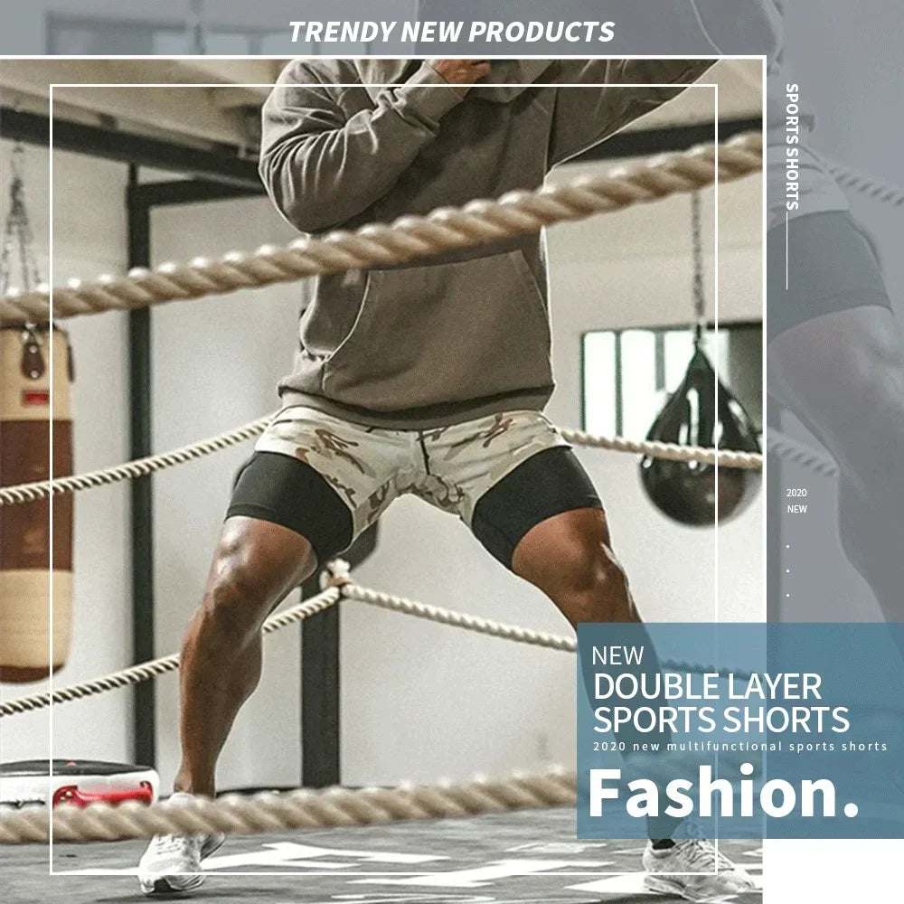 Men's 2-in-1 Camo Quick Dry Yoga and Running Shorts Compression Inner Layer Gym Fitness Jogging Pants