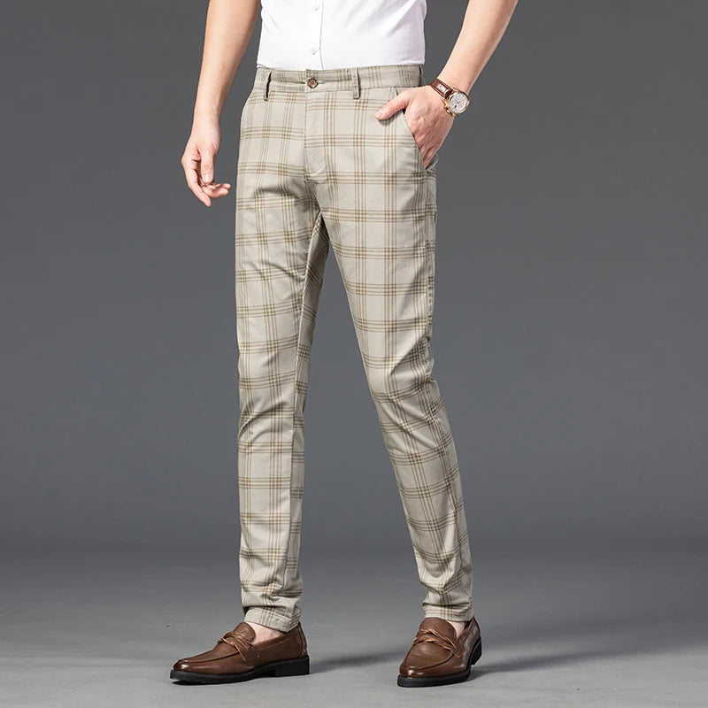 2025 Spring New Men's Plaid Casual Pants Business Fashion Slim Stretch Male Skinny Trousers Brand Clothes 7 Color