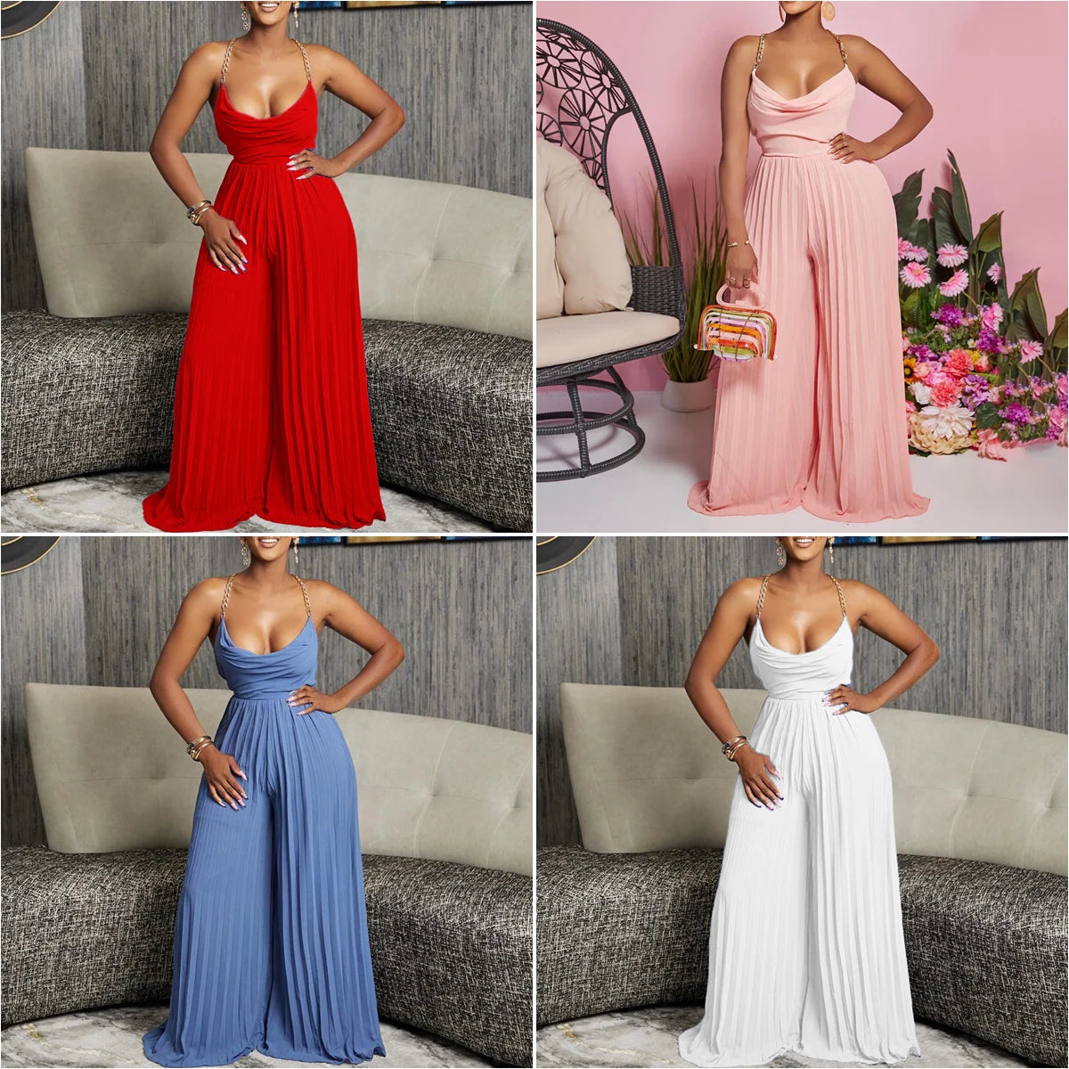 D3281 Latest Design Sexy Summer Jumpsuit Women Chain Halter Neck High Waist Backless Pleated Wide Leg Jumpsuit for Ladies