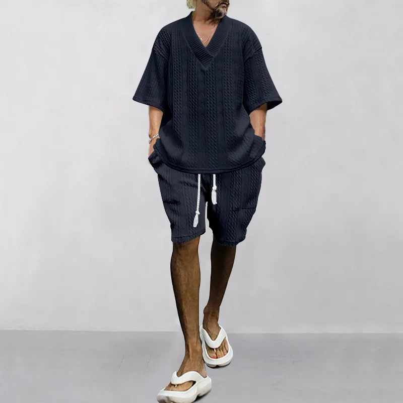 2024 Summer Men's Breathable Jacquard Casual Suits Loose Short Sleeve T-Shirt + Shorts V-Neck Tracksuit Two-Piece Set