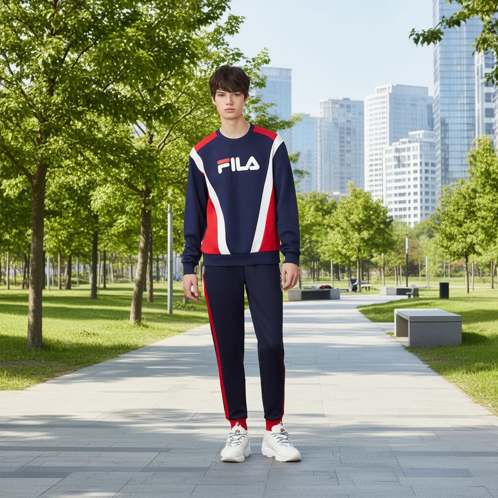 Fila Men's Active Crew Neck Sweatshirt Set In Navy White Red Color Blocking Breathable French Terry Hoodies & Sweatshirts Autumn