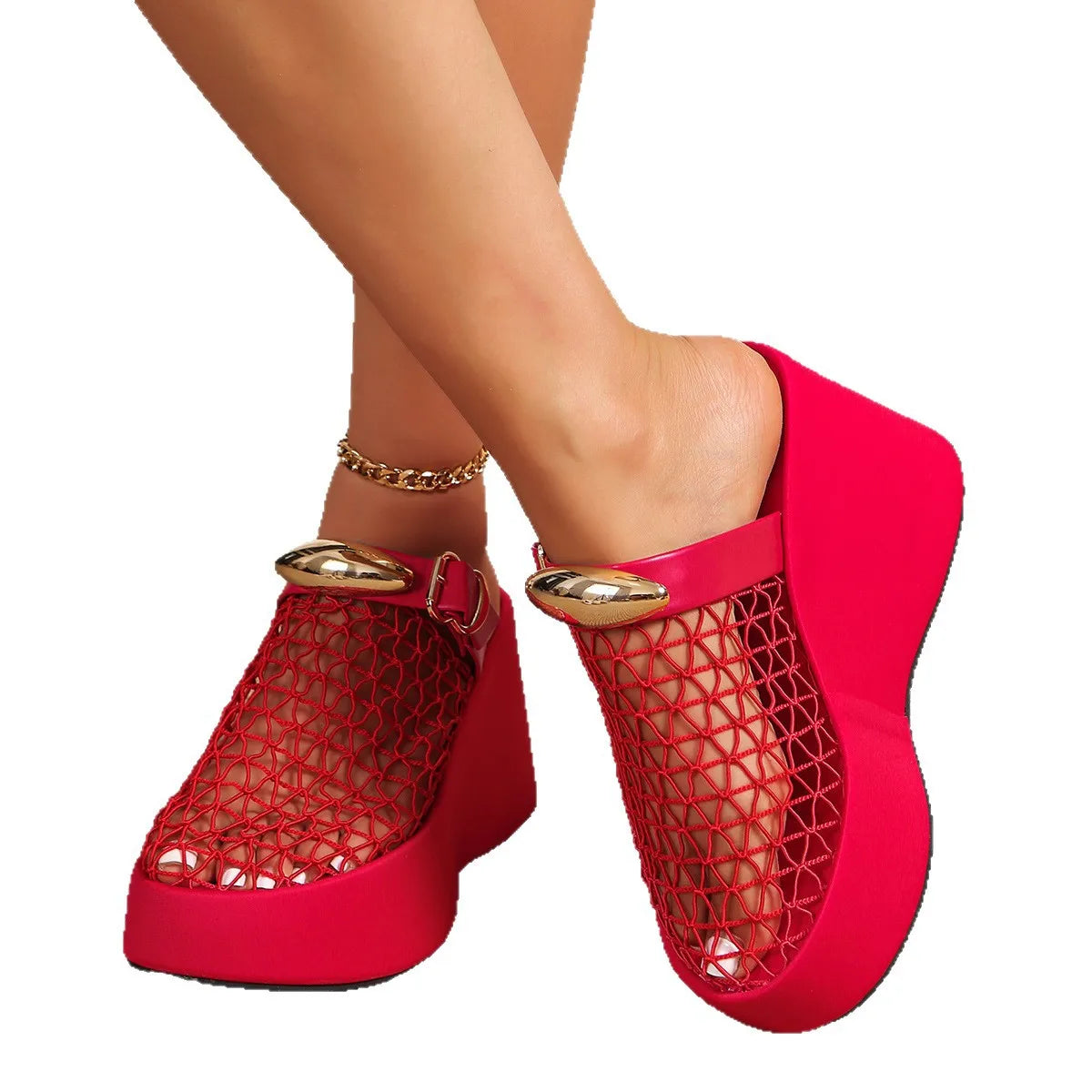 Foreign Trade Plus Size Mesh Hollowed Out New Style Thick Sole Sloping Heel with Metal Buckle Strap High Heels and Cool slippers