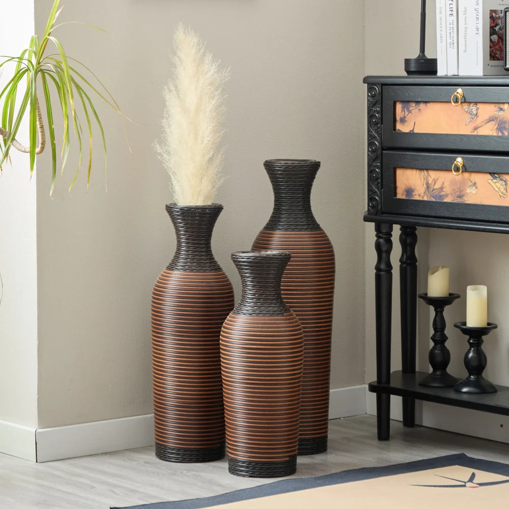 Set of 3 Brown Hand-Woven PVC Rattan Vases 27.56in 23.62in 19.69in Tall Farmhouse Decorative for Outdoor Home Decor