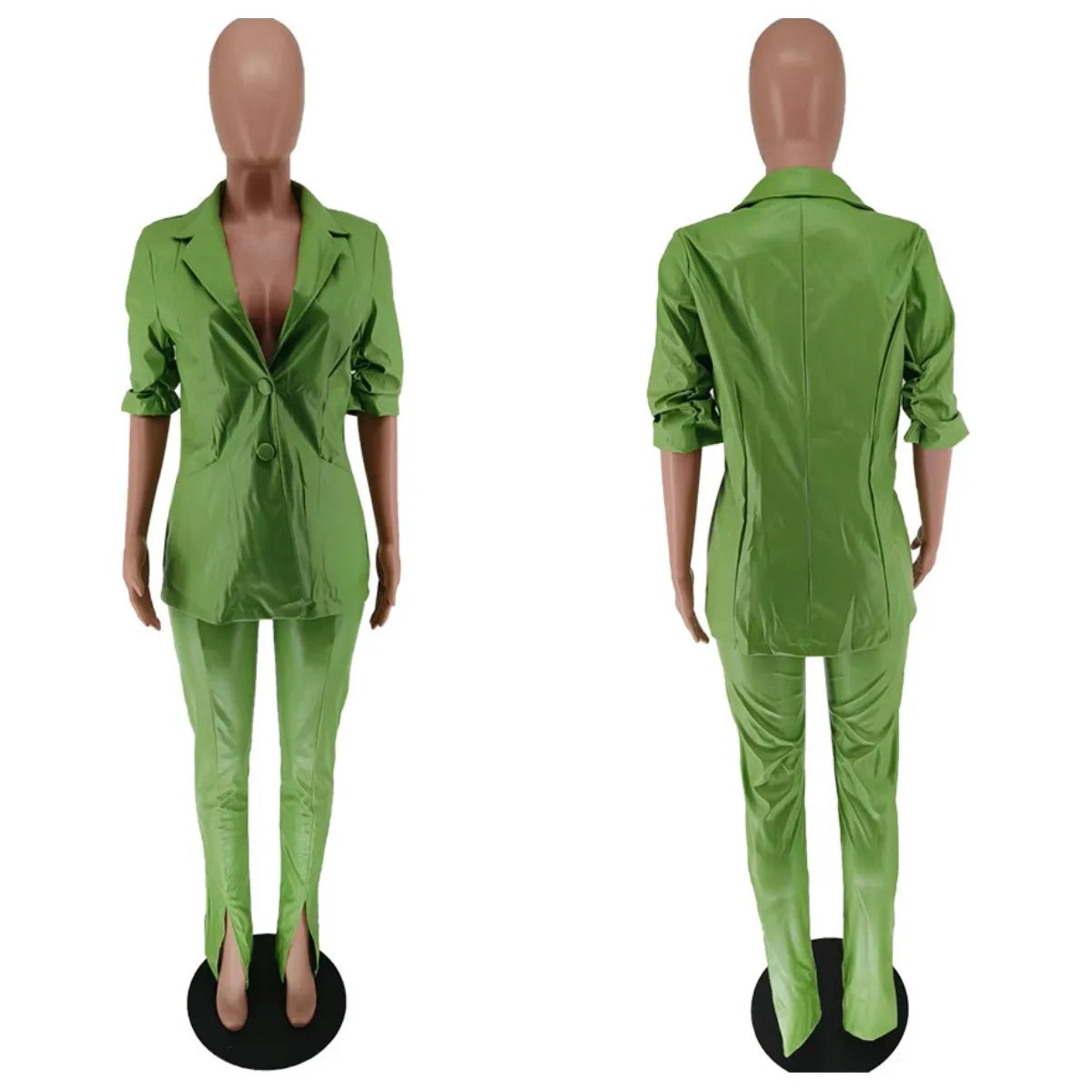 PU Leather Office Lady Women 2 Piece Set Notch Neck Blazer High Waist Pants Matching Set Autumn Work Wear Slim Tracksuits 10%